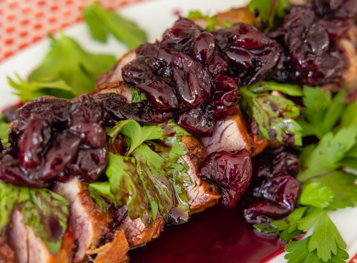 Eva Amurri shares a recipe for Grilled Pork Tenderloin with Spiced Cherry Sauce